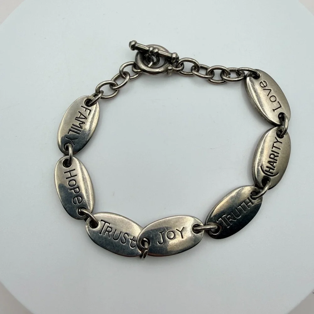 Vintage 90s Silver Tone Inspirational Message Oval Link Bracelet Fashion Jewelry